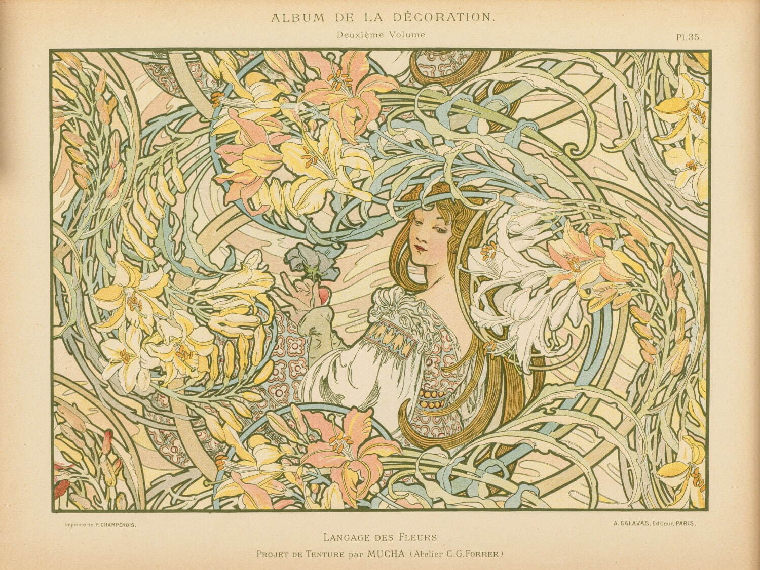 アルフォンス・ミュシャ 《書籍『装飾アルバム』より「花言葉」(pl.35)》
1900年 リトグラフ／紙 チマル・コレクション