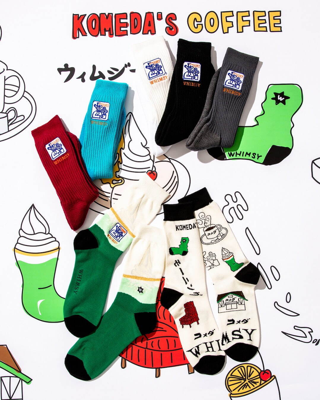 (上)Komeda Emjay Socks 2,420円(税込)
(下・左)Cream Soda Socks 2,420円(税込)