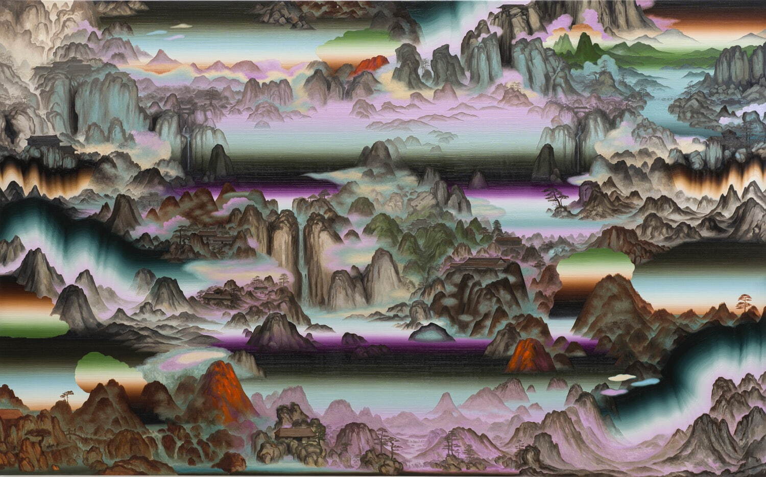 Christian Hidaka, <i width="1500" height="934">Gathering Peaks</i>, 2019
Oil on linen, 206×325cm
Courtesy of the artist and Galerie Michel Rein