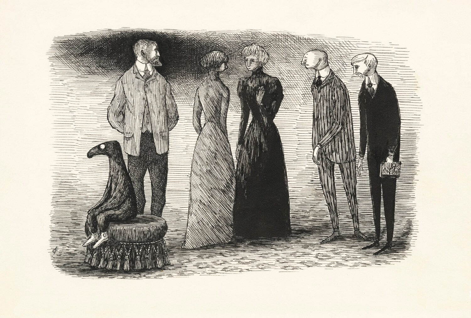 エドワード・ゴーリー 『うろんな客』原画 1957年 ペン、インク、紙
©2022 The Edward Gorey Charitable Trust