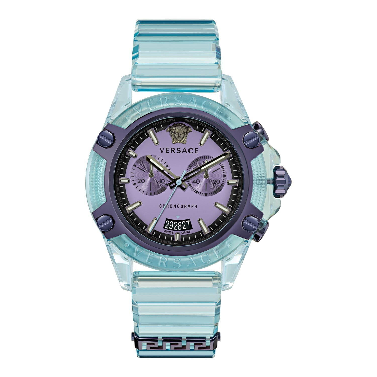 ヴェルサーチェ新作腕時計“クレイジーカラー”の透明ウォッチ、グリーン×ピンク＆ブルーに光る文字盤｜写真10