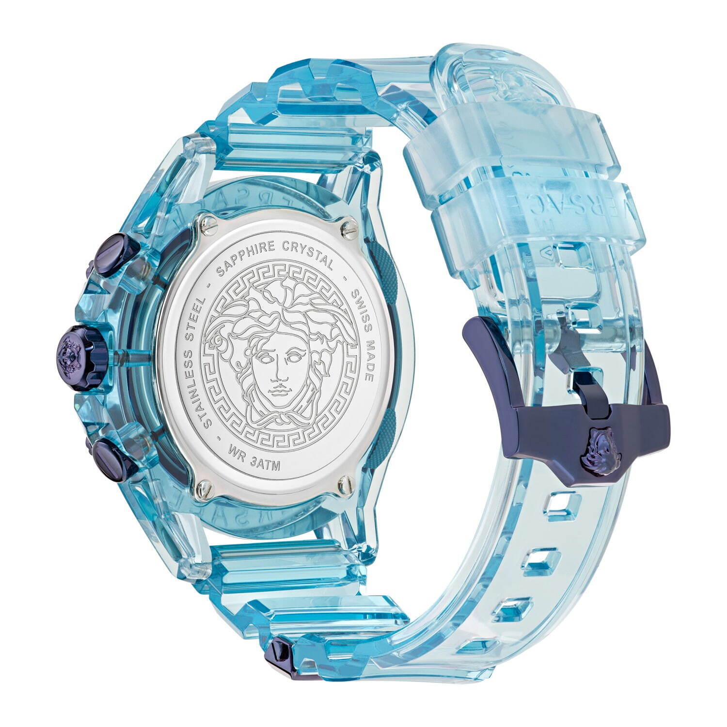 ヴェルサーチェ新作腕時計“クレイジーカラー”の透明ウォッチ、グリーン×ピンク＆ブルーに光る文字盤｜写真12