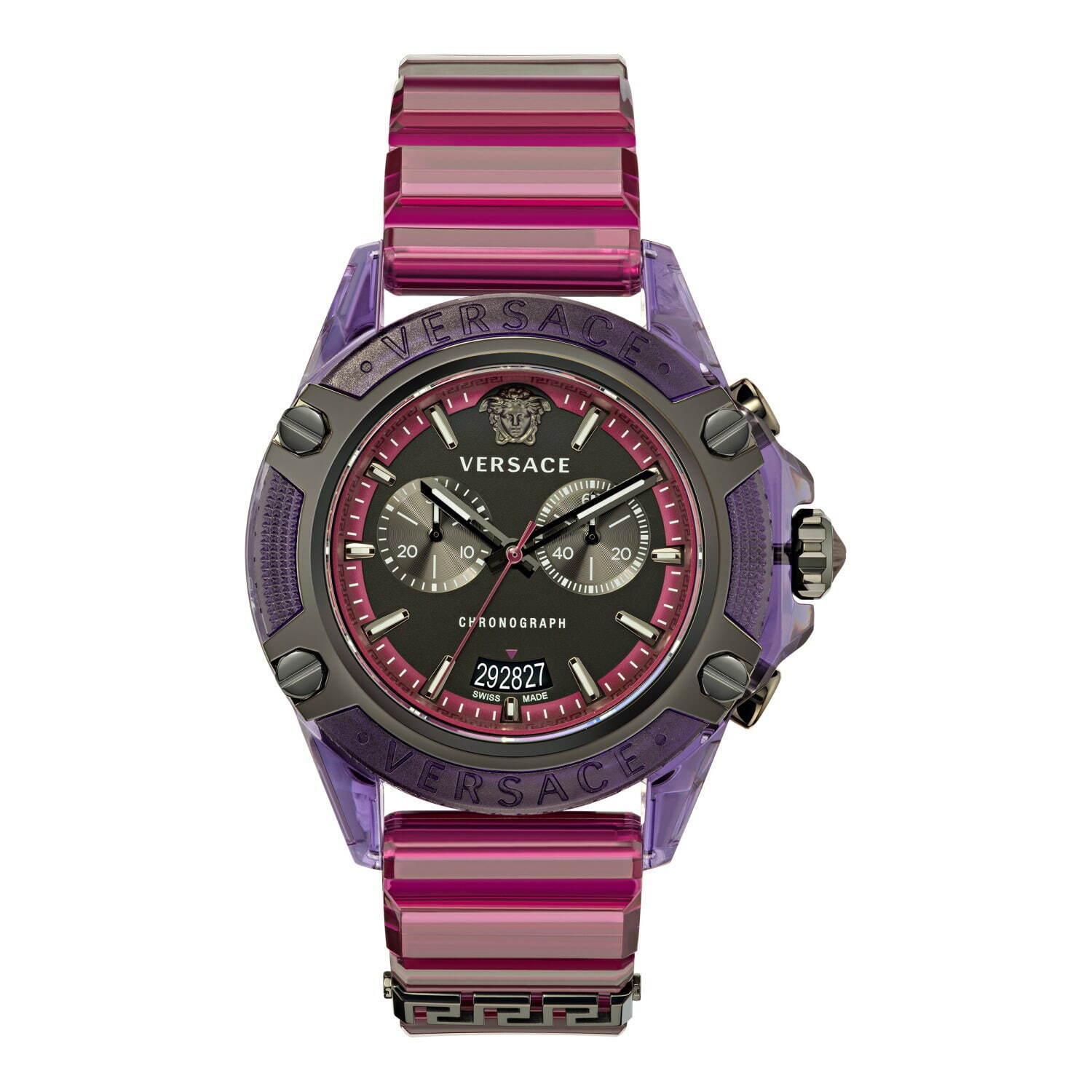 ヴェルサーチェ新作腕時計“クレイジーカラー”の透明ウォッチ、グリーン×ピンク＆ブルーに光る文字盤｜写真9