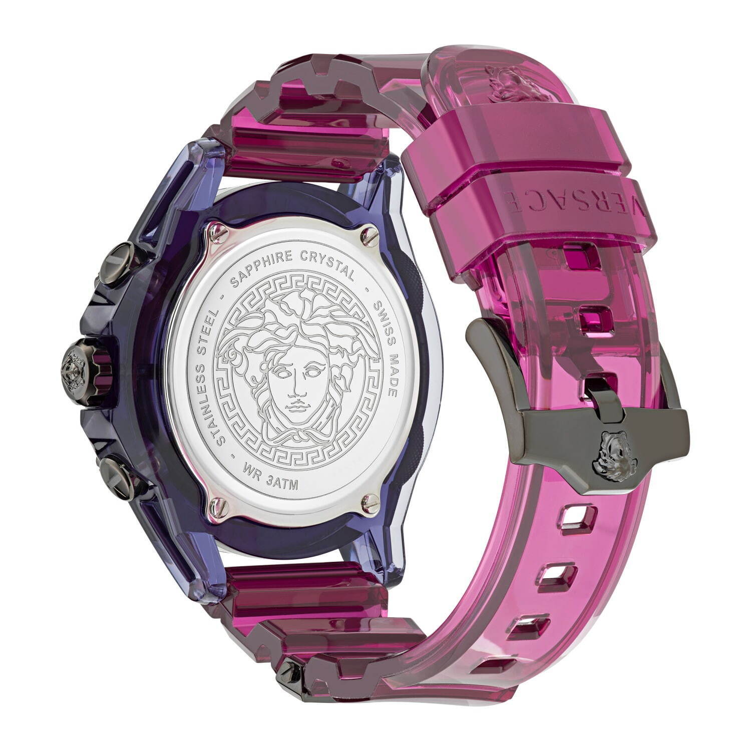 ヴェルサーチェ新作腕時計“クレイジーカラー”の透明ウォッチ、グリーン×ピンク＆ブルーに光る文字盤｜写真11
