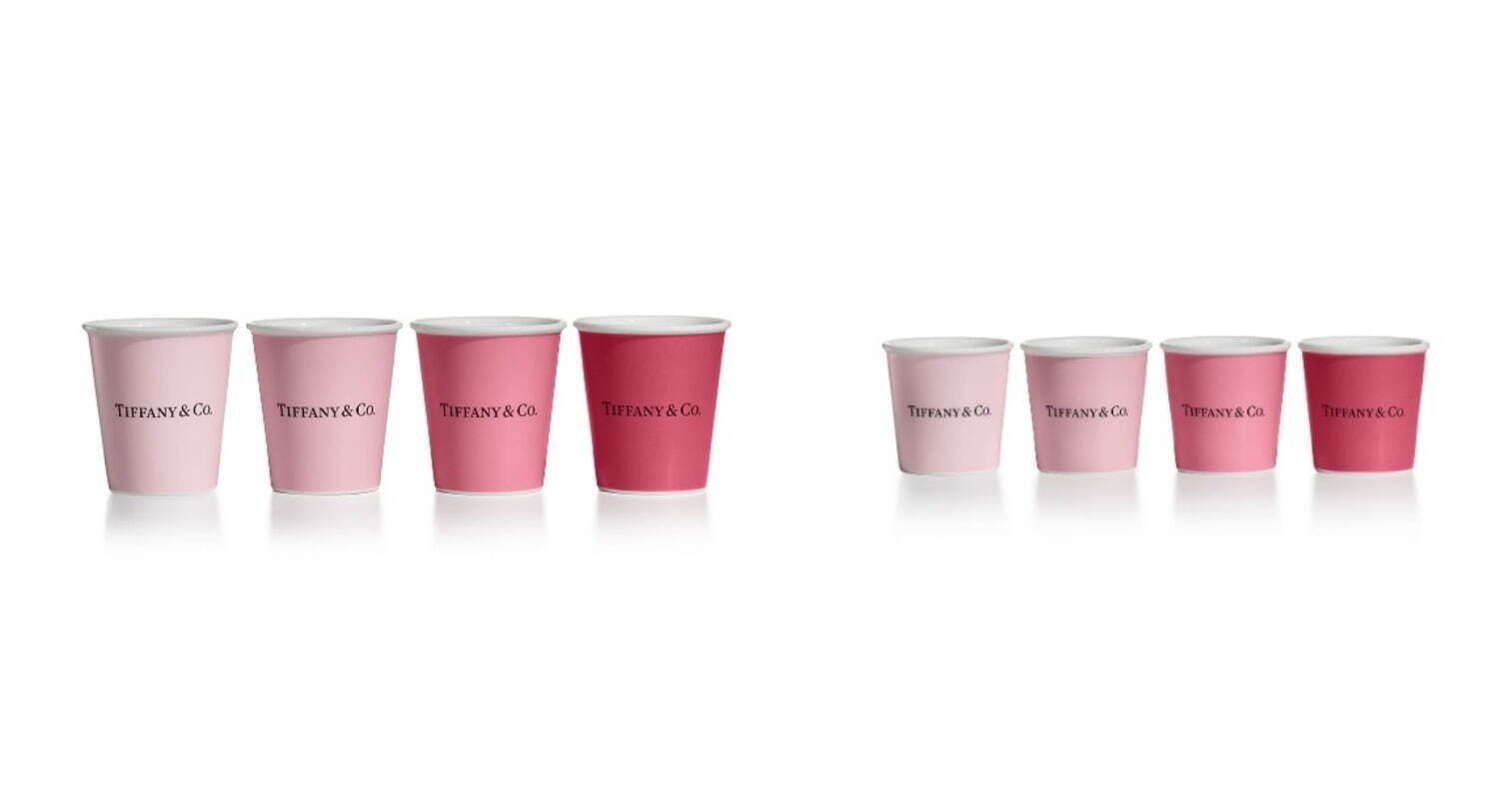 (左から)ティファニー コーヒー カップ ピンク(4個セット) 51,700円、ティファニー エスプレッソ カップ ピンク(4個セット) 30,250円