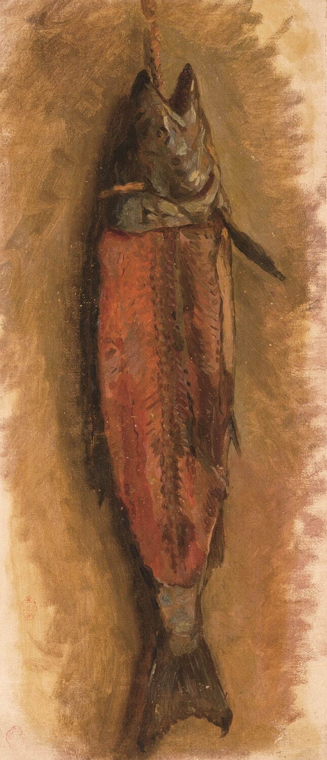 五姓田義松 《鮭》 明治時代前期 油彩、紙 團伊能旧蔵コレクション