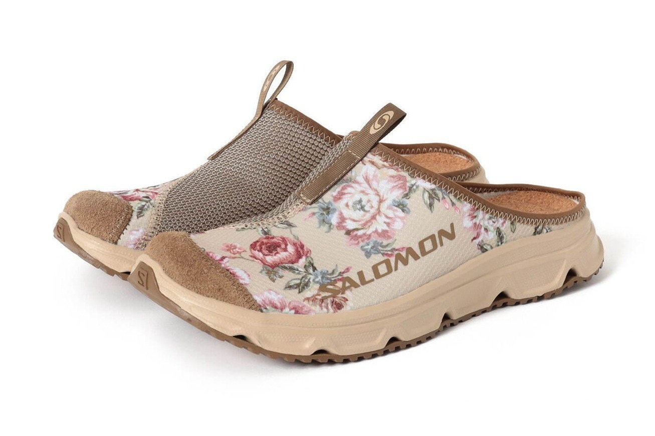サロモンのビームス別注サンダル、ベージュ＆ピンクの“絵画調の花柄”モチーフのアッパー