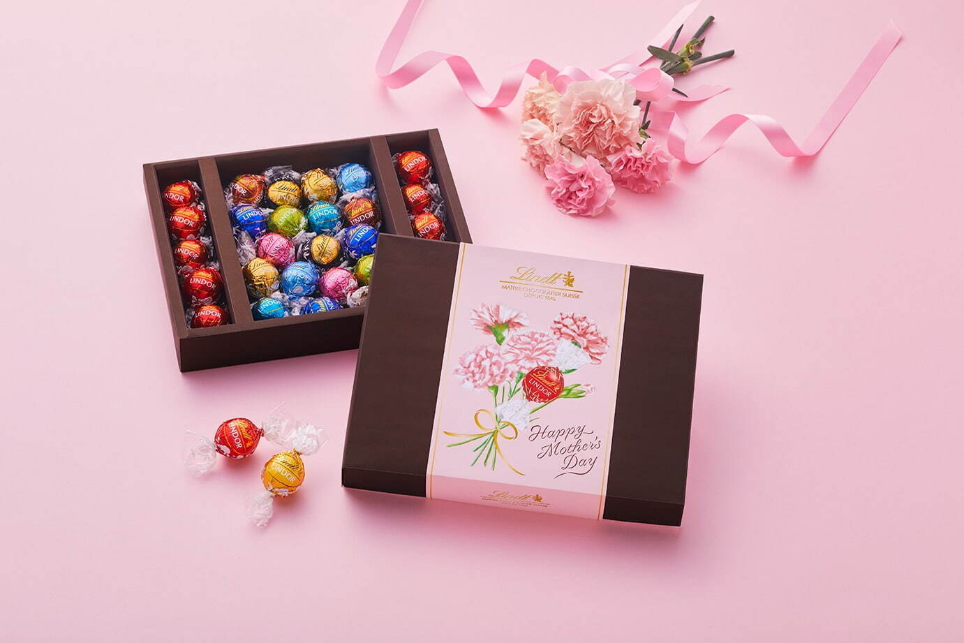 ＜リンツ＞人気チョコ「リンドール」×カーネーションのブーケ描いたピンク色パッケージ