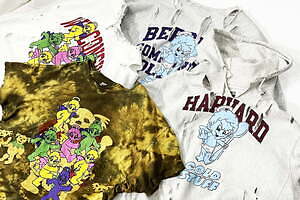 ダイエットブッチャー×古着屋「ノイル」の1点物ダメージスウェット、“天使”のイラストを配して