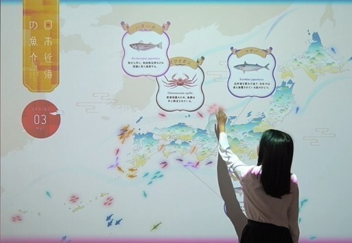 日本近海の魚介について学べるインタラクティブ映像展示