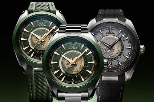 オメガの腕時計「シーマスター」新作、“世界地図入り”グリーン×ゴールドダイヤルのワールドタイマー