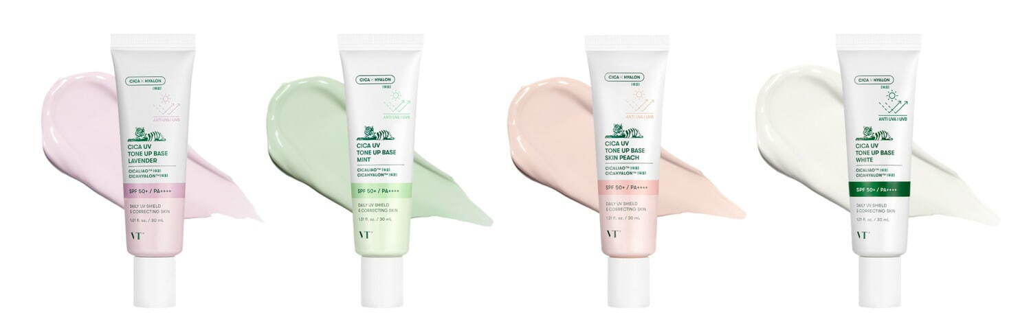 左から)CICA UVトーンアップベース ラベンダー、CICA UVトーンアップベース ミント、
CICA UVトーンアップベース スキンピーチ、CICA UVトーンアップベース ホワイト 各1,309円(編集部調べ)