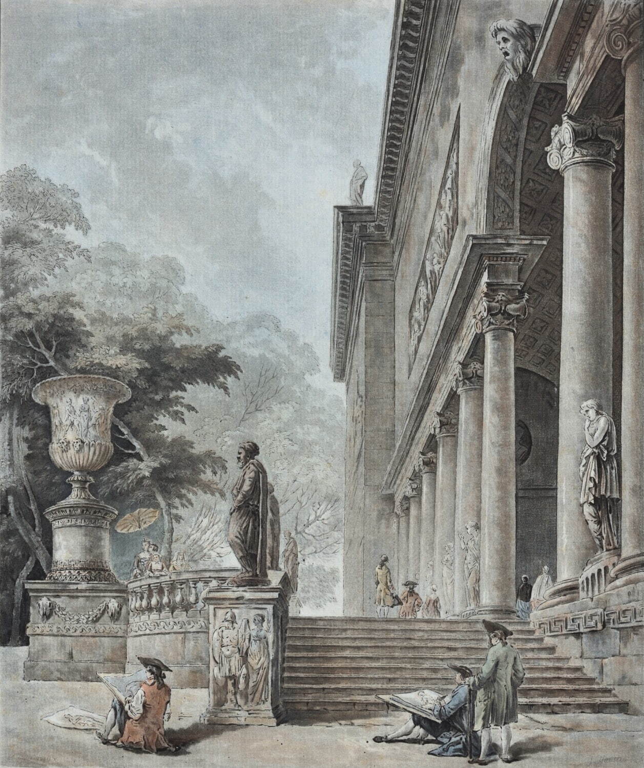 ユベール・ロベール(原画)、ジャン＝フランソワ・ジャニネ(版刻) 《メディチ家の館の柱廊と庭園》
1776年頃　水彩画法エッチング、エングレーヴィング　町田市立国際版画美術館