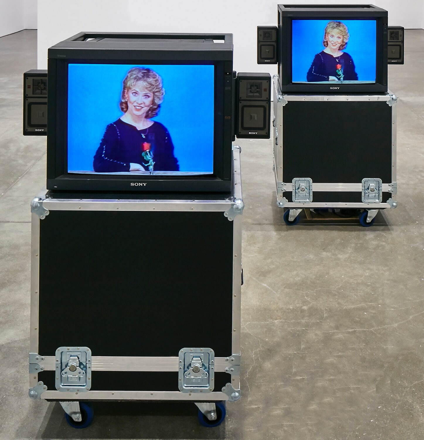 Dara Birnbaum, <i width="1447" height="1500">Kiss the Girls: Make Them Cry</i>, 1979
Two-channel video installation (color, stereo sound, 6:50 min.), two video shipping crates
Installation view, ICA, Boston, 2016
Courtesy of the artist and Marian Goodman Gallery
Copyright: Dara Birnbaum / Photo credit: Charles Mayer