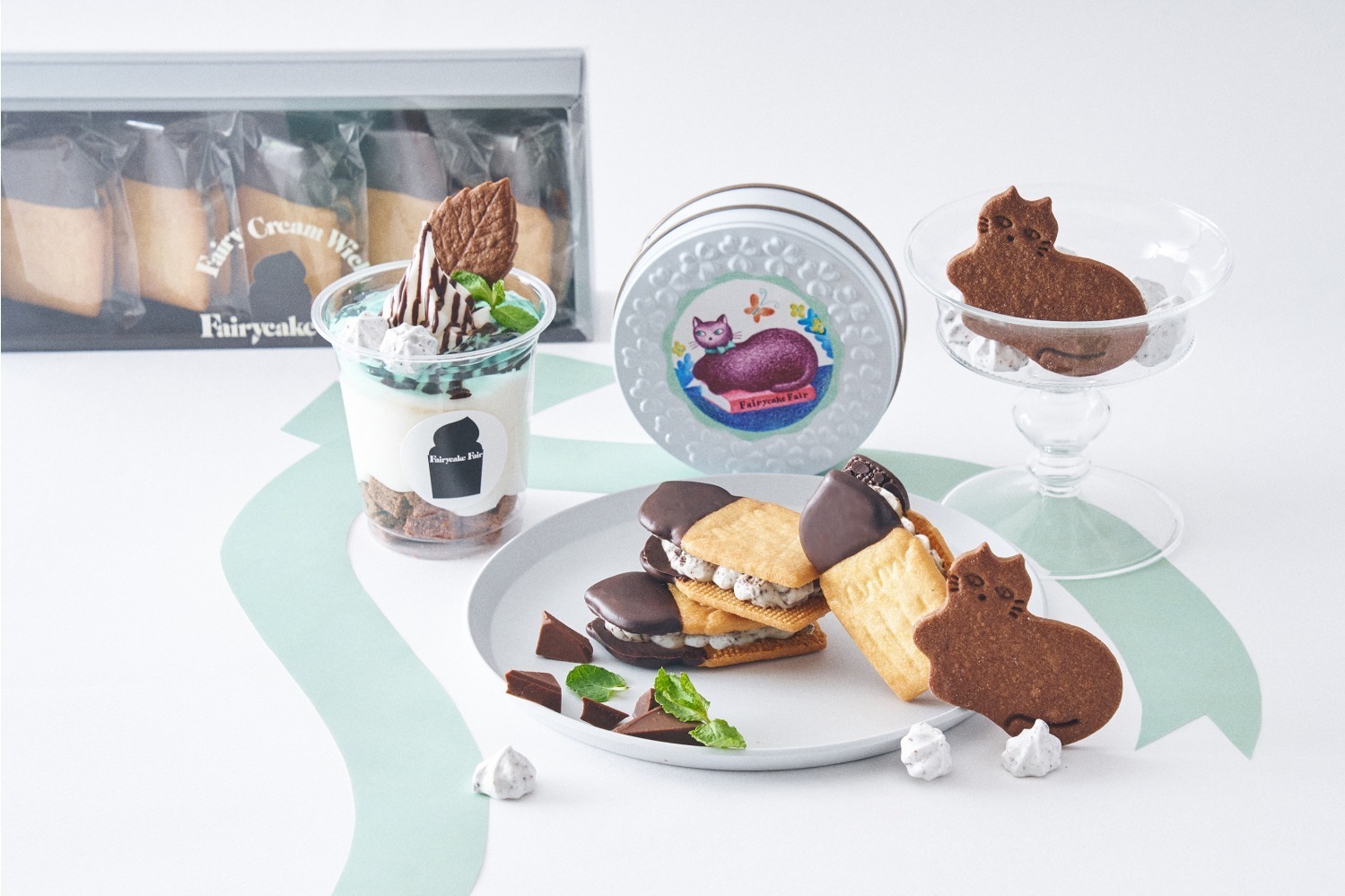 フェアリーケーキフェアの夏限定「チョコミントフェア」ミント香るメレンゲ×猫のカカオクッキー缶など