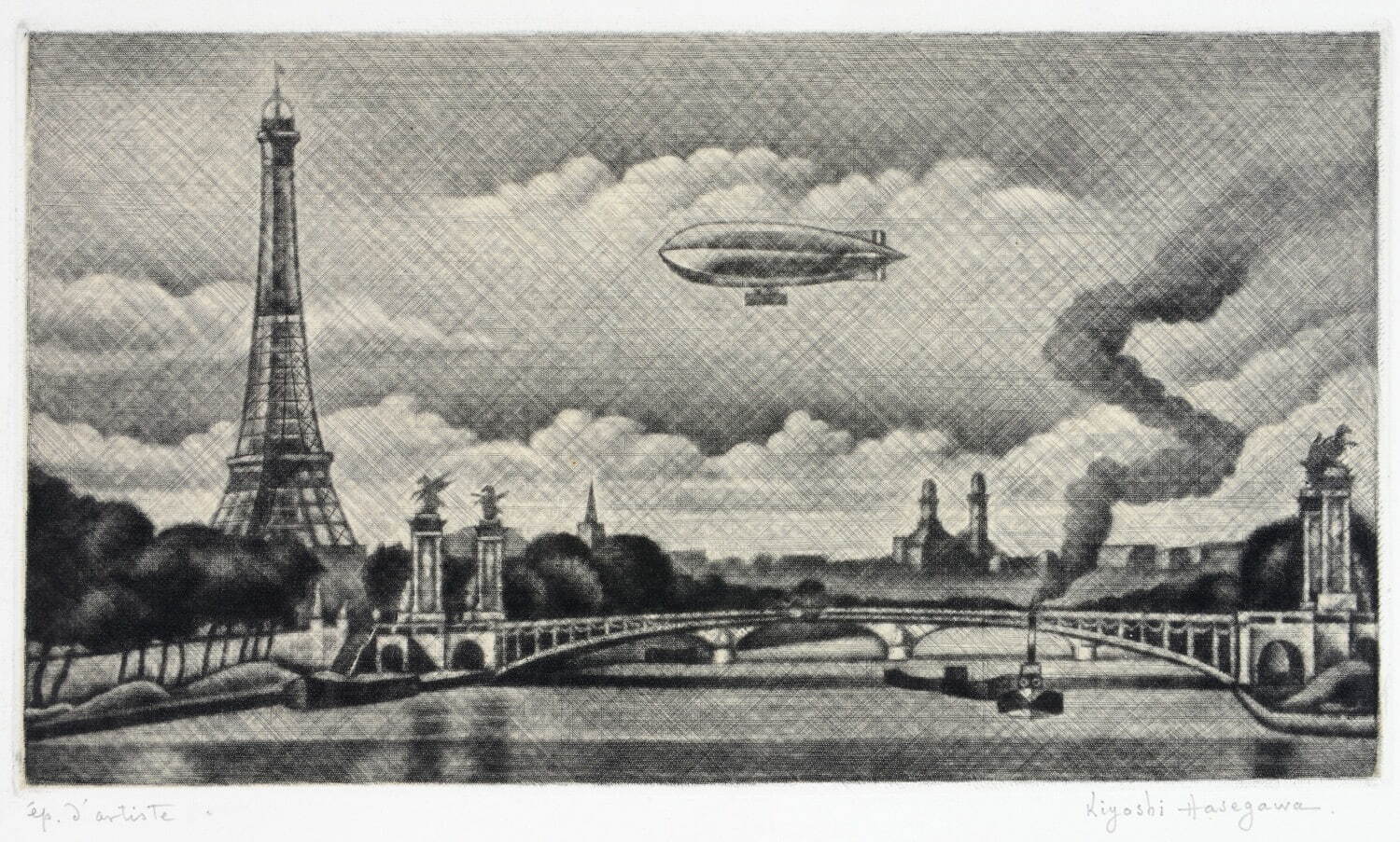 長谷川潔 《アレキサンドル三世橋とフランス飛行船》 1930年 碧南市藤井達吉現代美術館