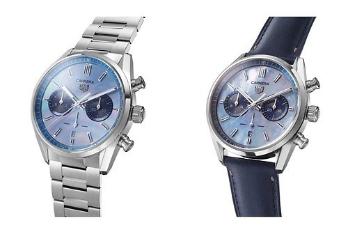 タグ・ホイヤーの新作腕時計「カレラ クロノグラフ」ブルーの"マザーオブパール"輝く文字盤