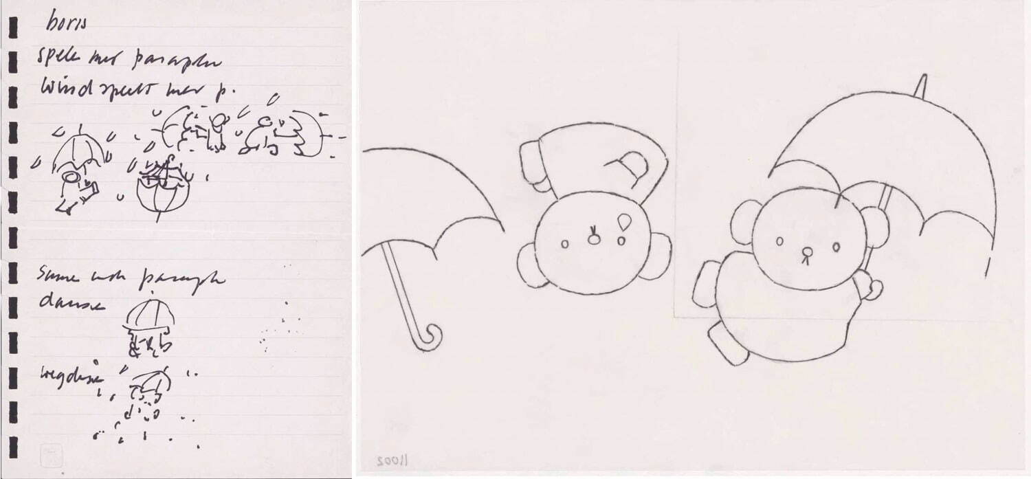 ディック・ブルーナ『ぼりす そらをとぶ』の制作メモ(左)とスケッチ(右)