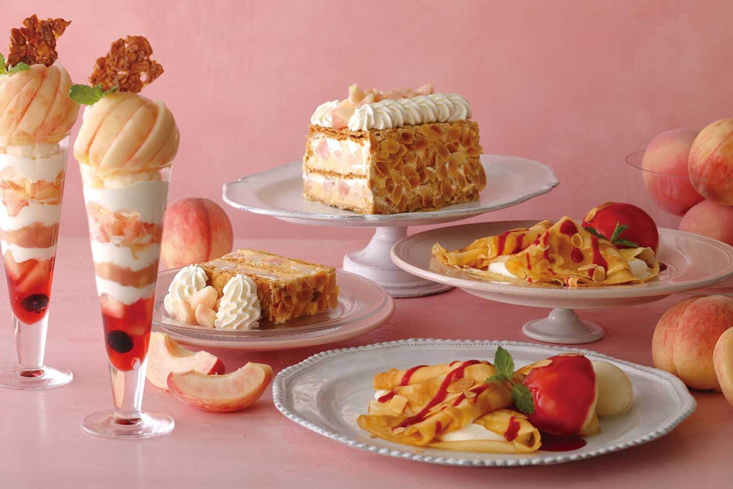 パフェ｜キハチ カフェの夏限定ピーチスイーツ - 白桃のナポレオンパイやパフェ、アフタヌーンティーセットも