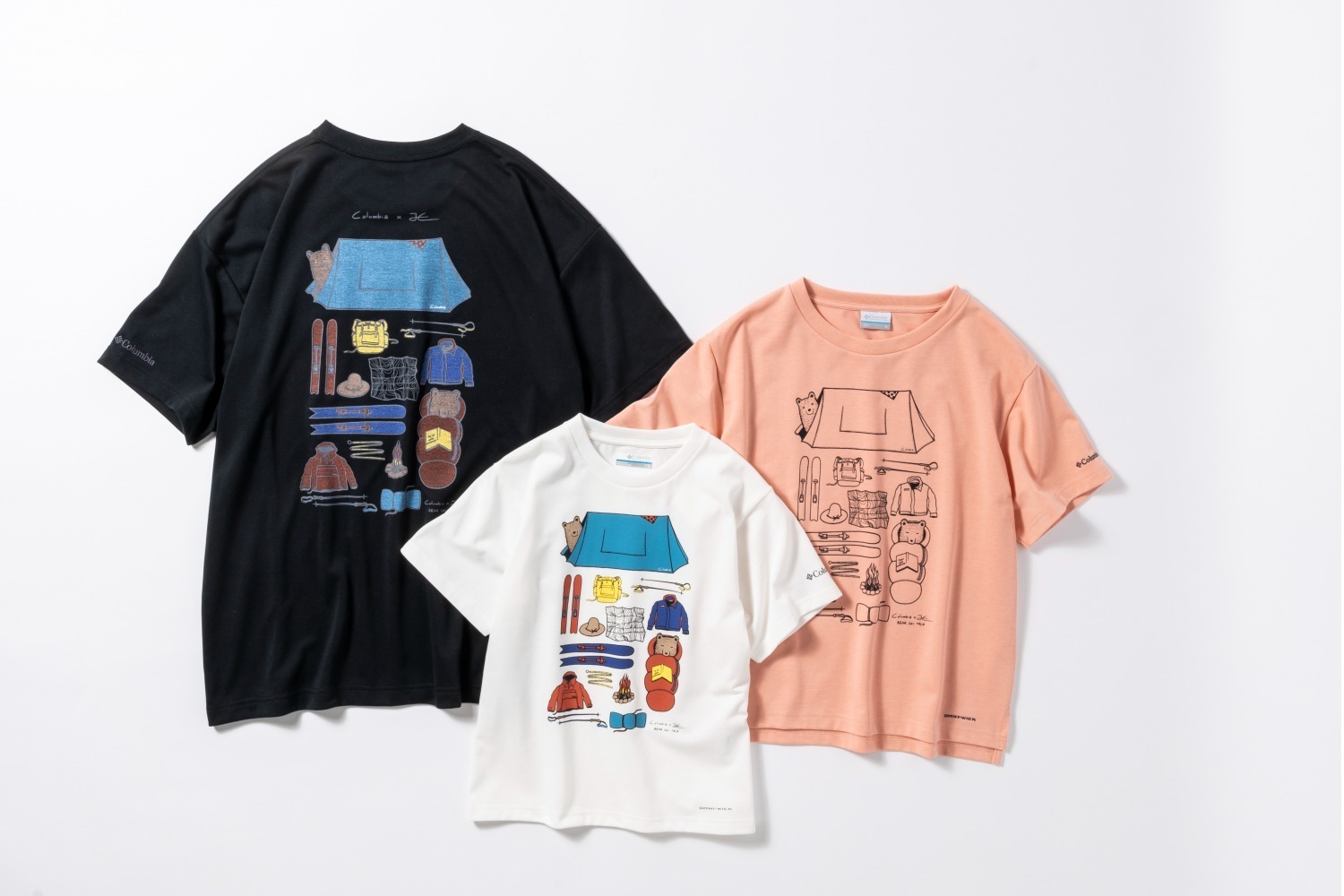 コロンビア×ジョナス・クレアッソンのコラボTシャツ、“キャンプを楽しむ動物”のイラストを配して