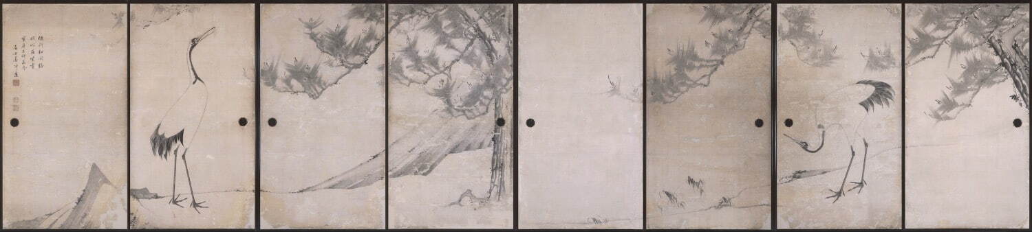重要文化財　伊藤若冲筆 《松鶴図襖絵　鹿苑寺大書院障壁画五十面のうち八面》
江戸時代　鹿苑寺蔵 ［II期展示］