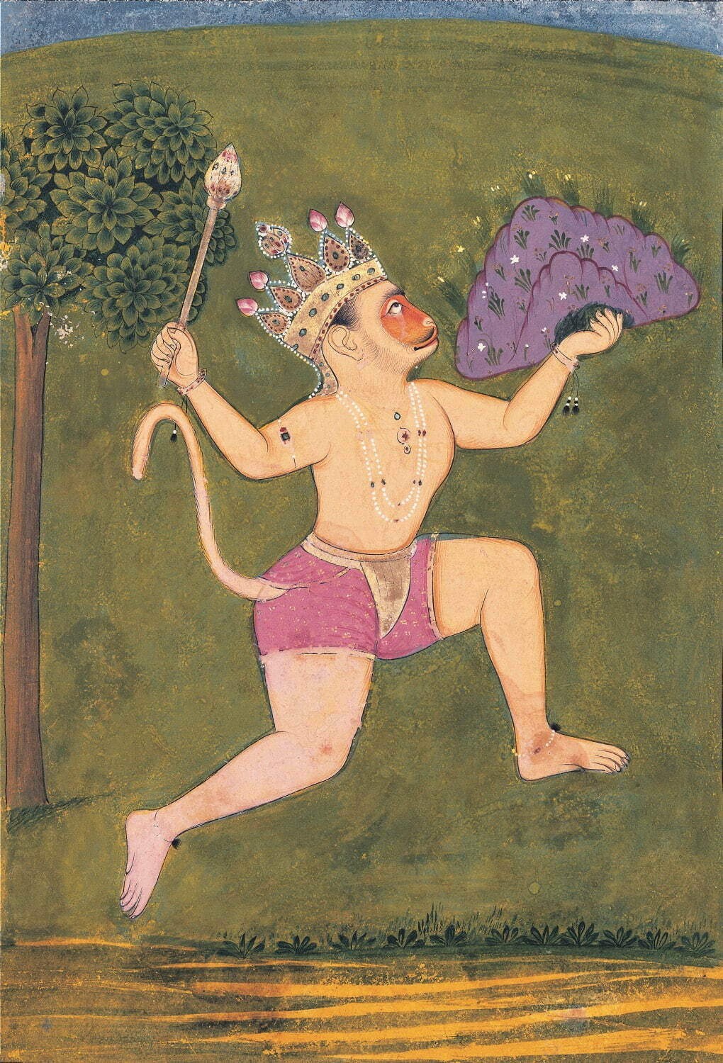 《ヒマラヤの薬草山を持ち帰る猿の国の戦士ハヌマーン》 ラージプト絵画 1710-20年