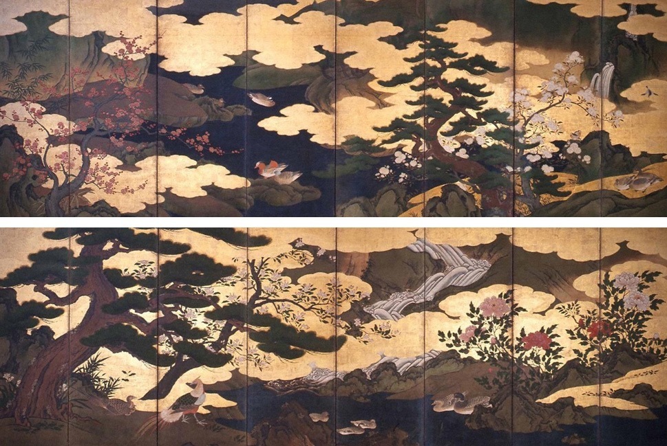 狩野派 《春夏花鳥図屏風》(部分) 桃山時代 16世紀 岡田美術館蔵