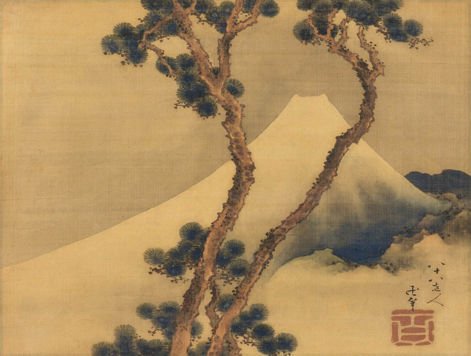 葛飾北斎 《松に富士図》 弘化4年(1847年)
絹本着色 一幅 28.7 × 37.6cm