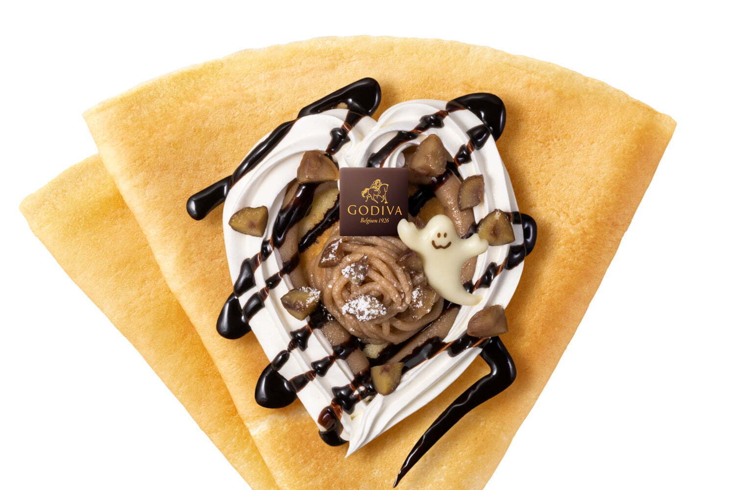 ゴディバ“まるでモンブランケーキ”な秋限定クレープ、栗カスタード×チョコソースにダイス状マロン入り