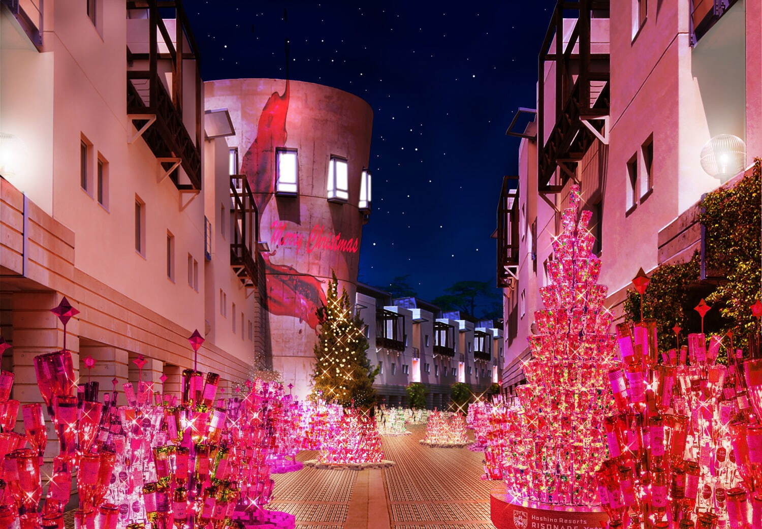 星野リゾート リゾナーレ八ヶ岳のクリスマス、12,000本のワインボトルツリー＆ワインレッドに輝く道｜写真1