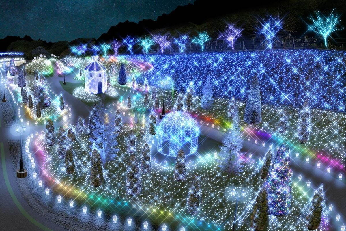 庭園｜関西最大級“自然派”イルミネーション「ローザンイルミ」滋賀で、100本のツリーや光輝く銀河鉄道