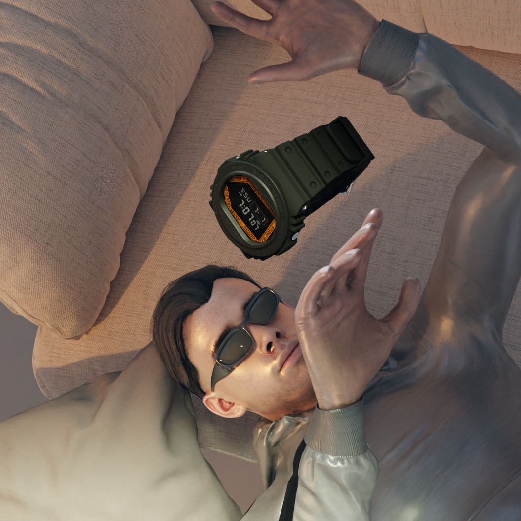 G-SHOCK×スタジオ セブンの腕時計、オレンジの“CAUTION”ロゴ入り文字盤