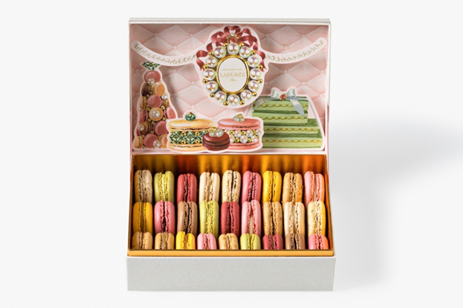 ラデュレ「クリスマスリース」の限定マカロンボックス、装飾が“飛び出す”仕掛け付きデザインも