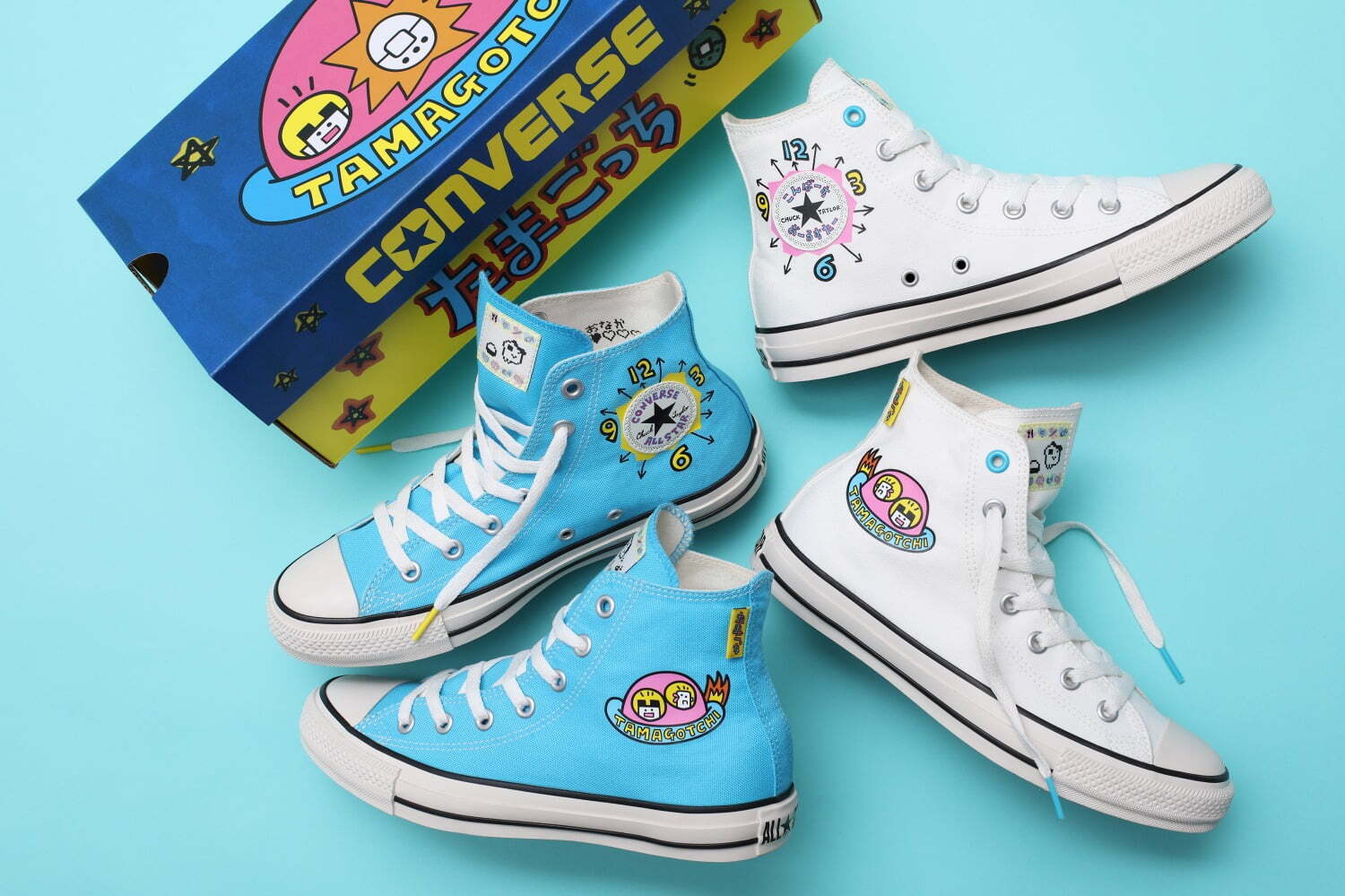 90年代デザイン｜コンバース×たまごっち「オールスター」スニーカー、90年代フォント＆時計柄で彩るアンクルパッチ