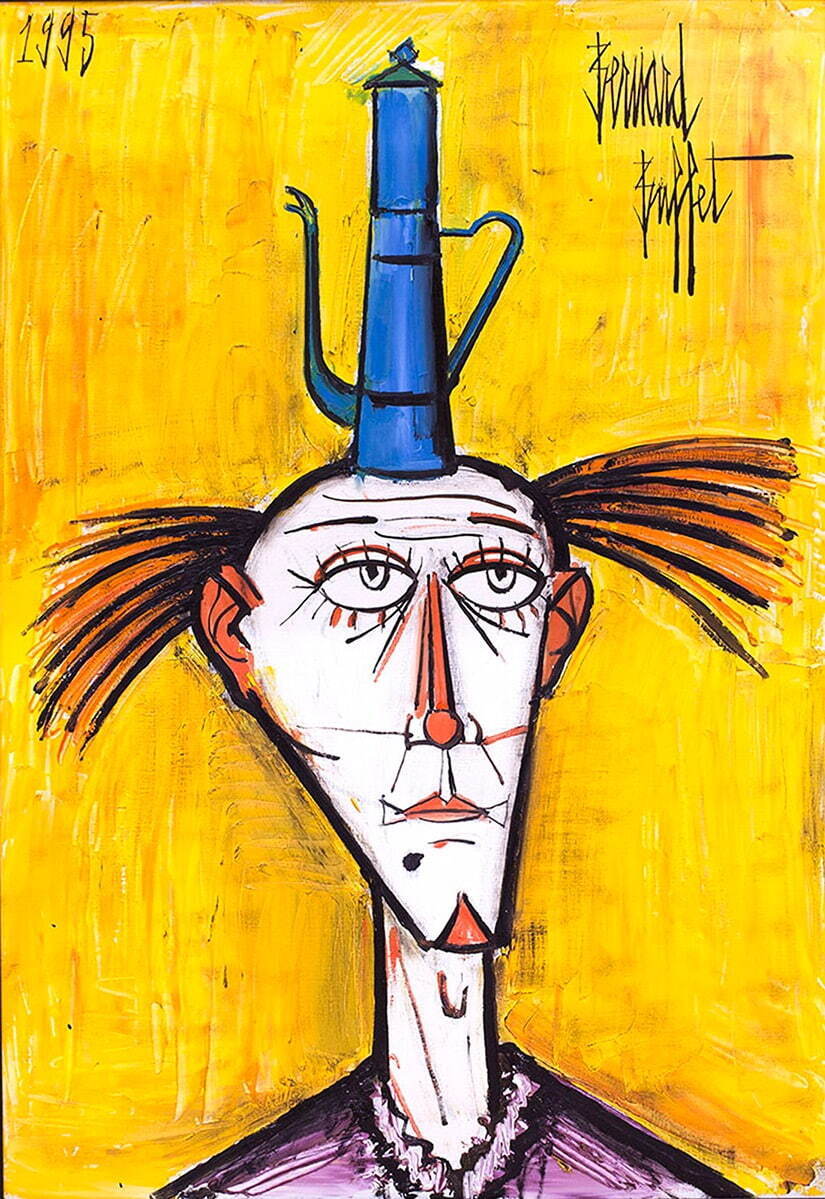 ベルナール・ビュフェ 《コーヒーポットを頭にのせたピエロ》 油彩 1995年