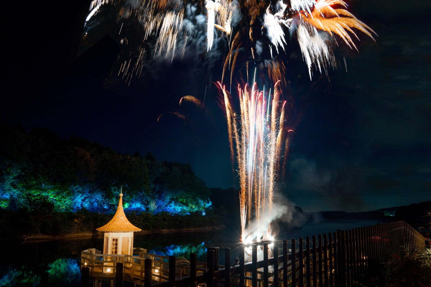 ムーミンバレーパークの冬イベント「ムーミン谷の冬花火」湖に打ち上がるカラフルな花火演出