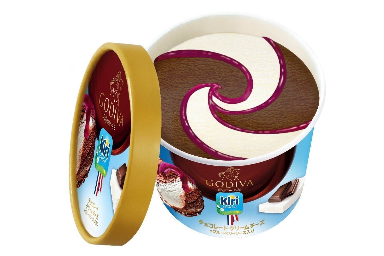 ゴディバ×キリ新作アイスカップ「チョコレートクリームチーズ」甘酸っぱいブルーベリーソース入り
