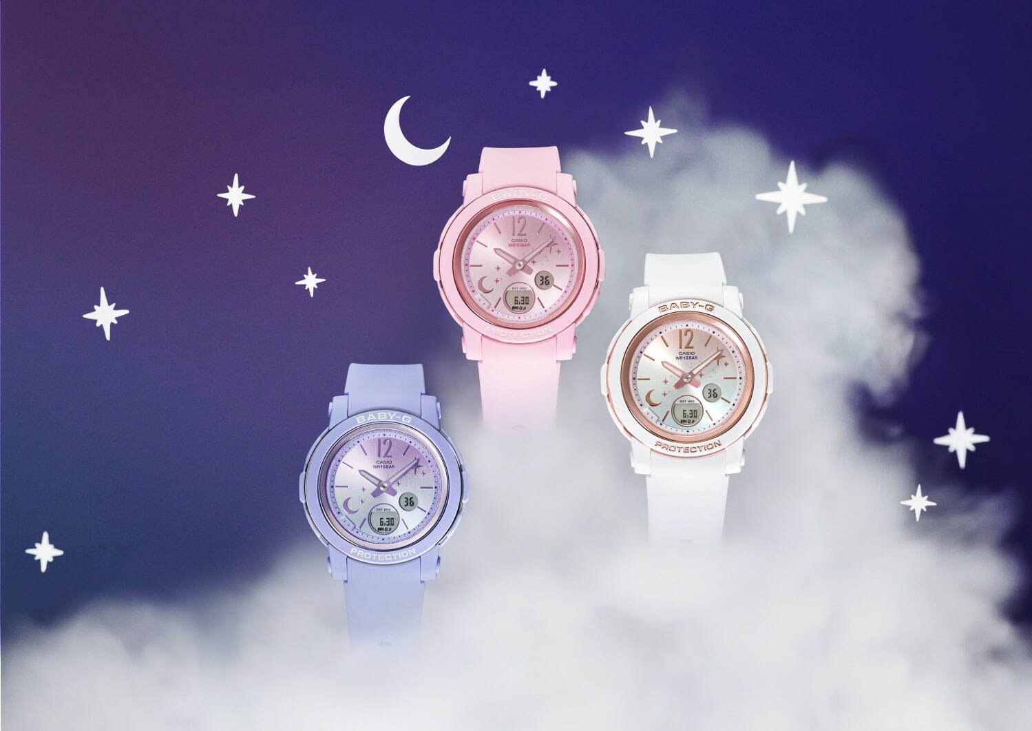 BABY-G“冬の夜空”テーマの新作腕時計、月＆星入りグラデーション文字板