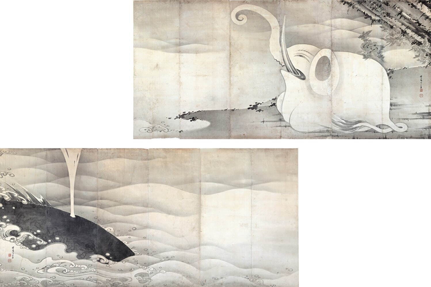 伊藤若冲筆 《象と鯨図屏風》
江戸時代 寛政9年(1797年) MIHO MUSEUM ［後期展示］