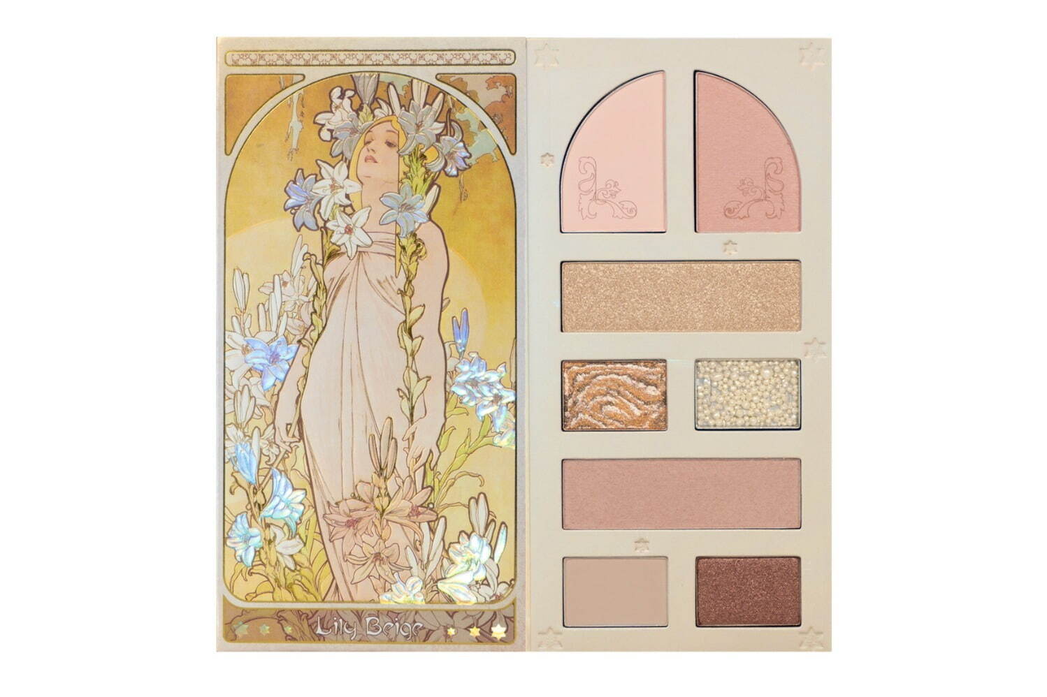 マットアイシャドウ｜ミュシャの連作《四つの花》「ユリ」「バラ」「アイリス」モチーフのマルチパレット、ミルフィー新作コスメ