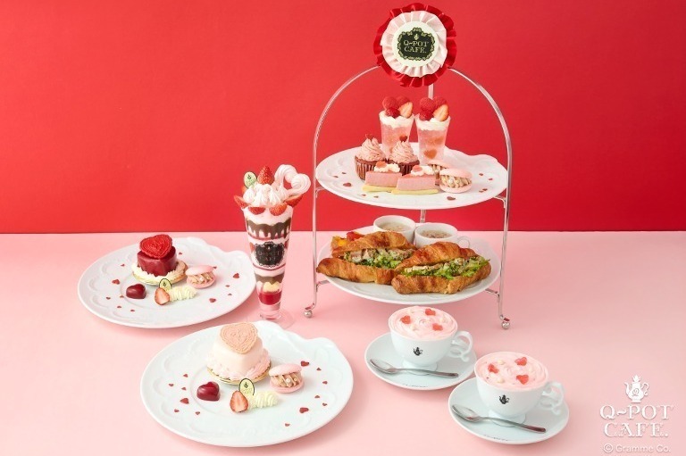 Q-pot CAFE.バレンタイン限定アフタヌーンティー、ハート×苺やラスベリーのスイーツ＆パフェ