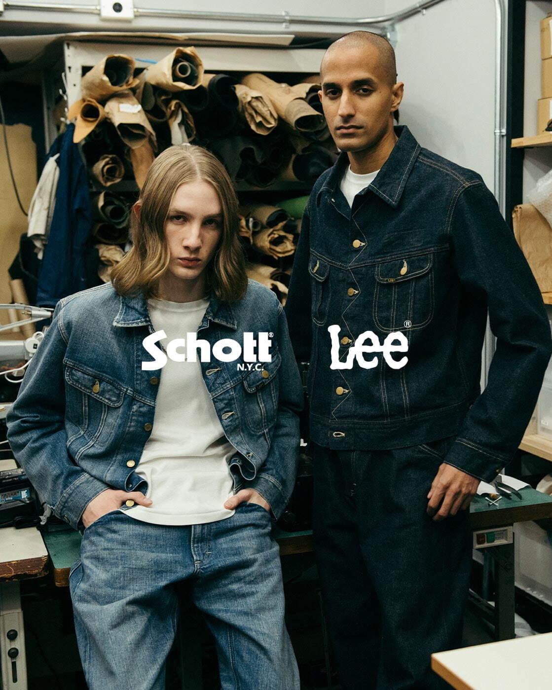 Lee デニムジャケット 90sレザーパッチ Lee×ショットのデニムジャケット＆ジーンズ、黒のレザーパッチ