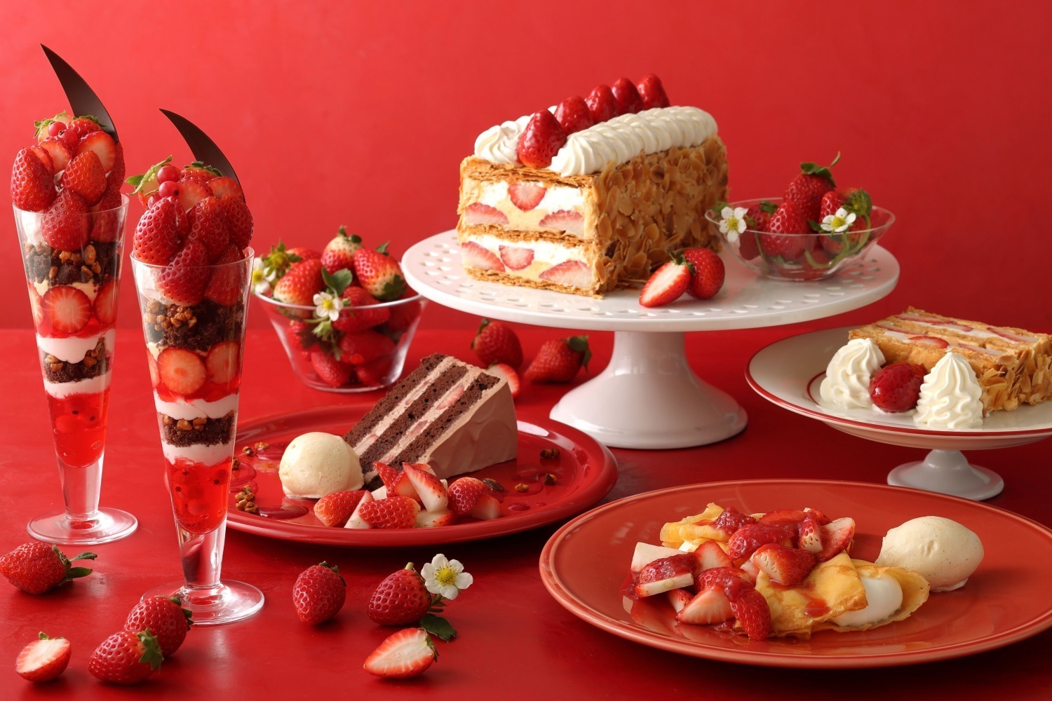 キハチ カフェ24年春限定いちごスイーツ、真っ赤なイチゴのパフェ＆アフタヌーンティーなど