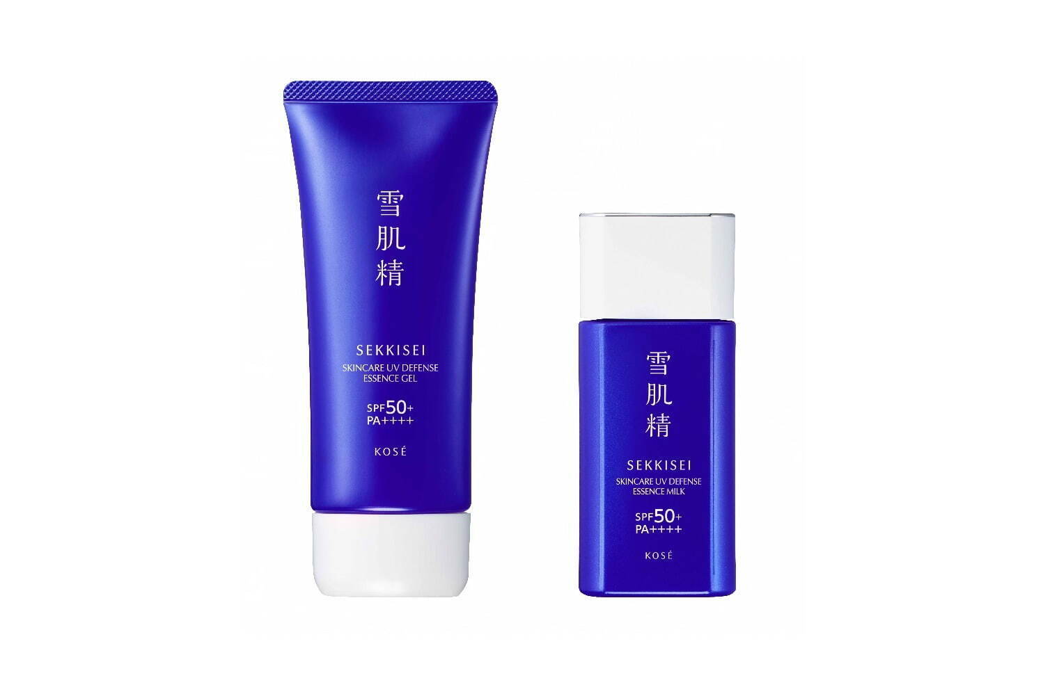 左から)雪肌精 スキンケア UV エッセンス ジェル SPF50+ PA++++ 2,310円(編集部調べ)＜新製品＞
雪肌精 スキンケア UV エッセンス ミルク SPF50+ PA++++ 2,640円(編集部調べ)＜新製品＞