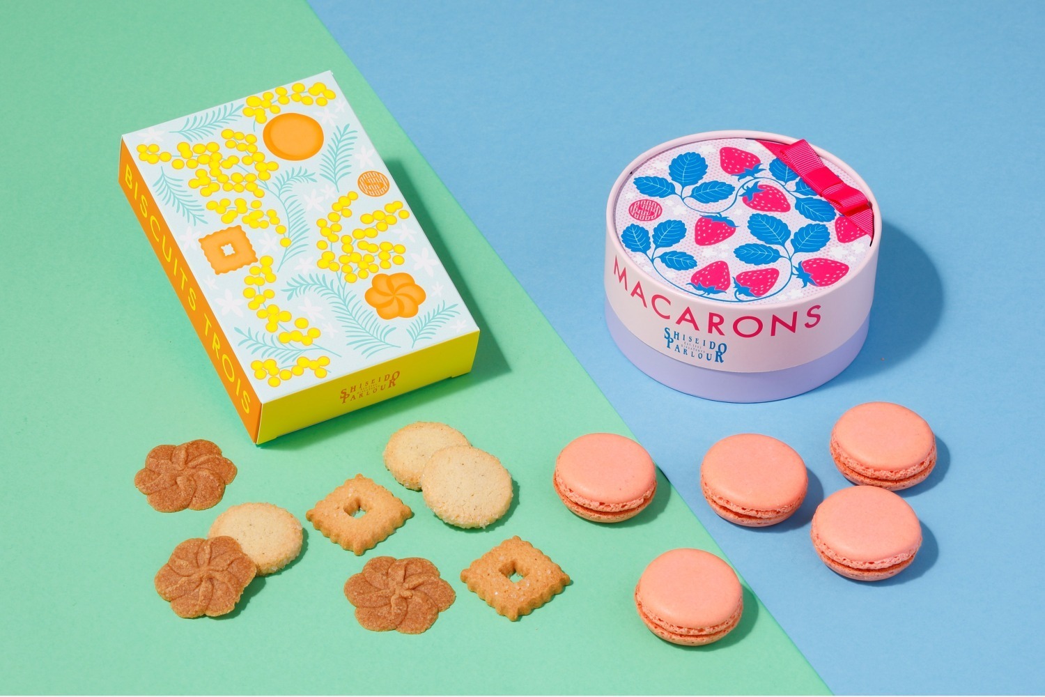 資生堂パーラー春限定パステルパッケージの“あまおう苺”マカロン、ミモザ柄の焼き菓子詰め合わせも