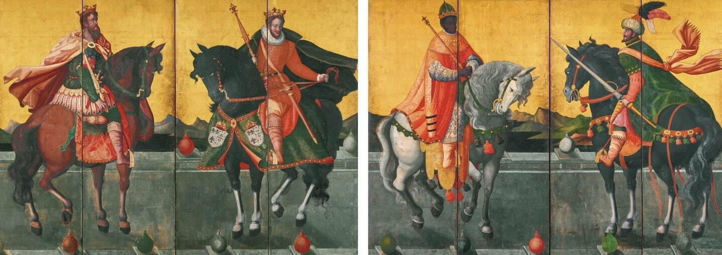 重要文化財 《泰西王侯騎馬図屛風》四曲一双
桃山時代 17世紀 サントリー美術館蔵 ［4月17日(水)〜5月13日展示(月)］