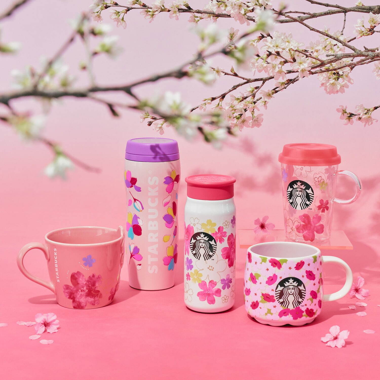春限定グッズ「SAKURA」桜の花が舞うステンレスボトルやマグカップ
