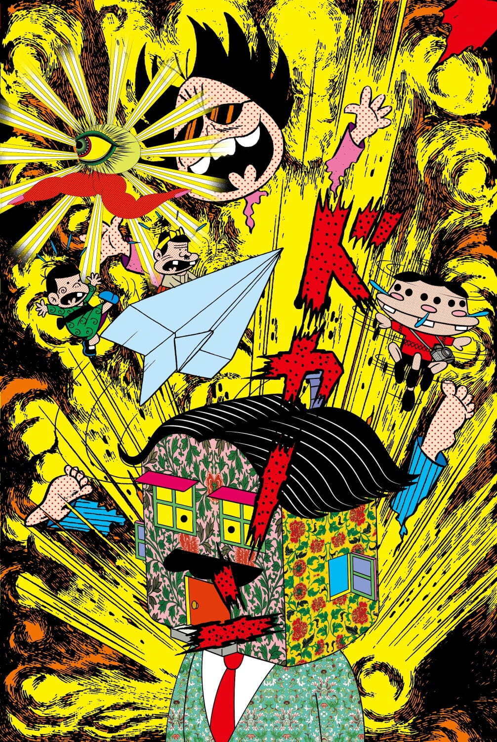 田名網敬一 《ドカーン》 2022年 顔料インク、アクリル・シルクスクリーン、ガラスの粉末、ラメ、アクリル絵具／カンヴァス 149×100cm ©Keiichi Tanaami / Courtesy of Nanzuka