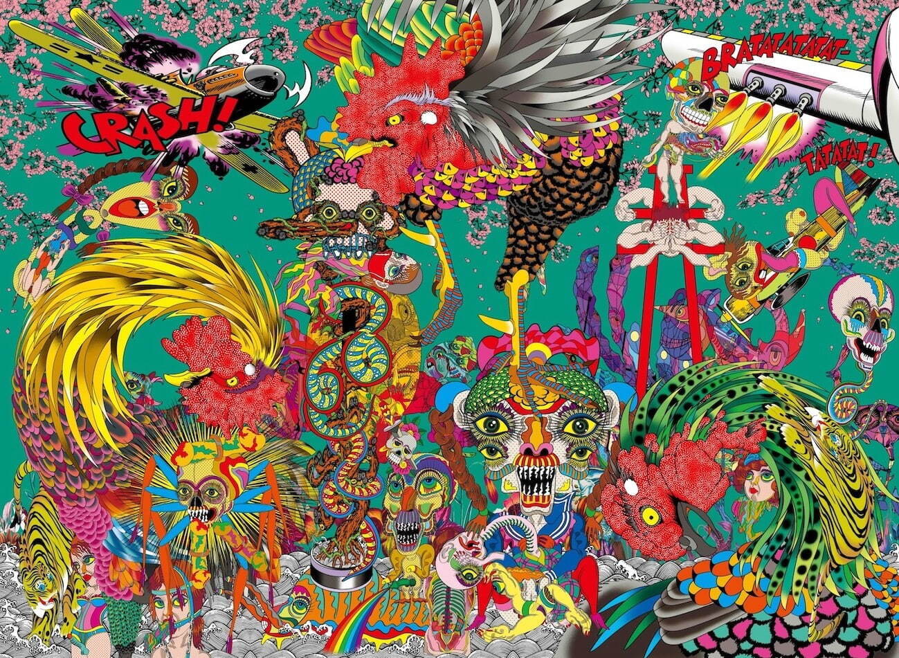 田名網敬一 《彼岸の空間と此岸の空間》 2017年 顔料インク、アクリル・シルクスクリーン、ガラスの粉末、ラメ、アクリル絵具／カンヴァス 217×300cm(3幅対) ©Keiichi Tanaami / Courtesy of Nanzuka