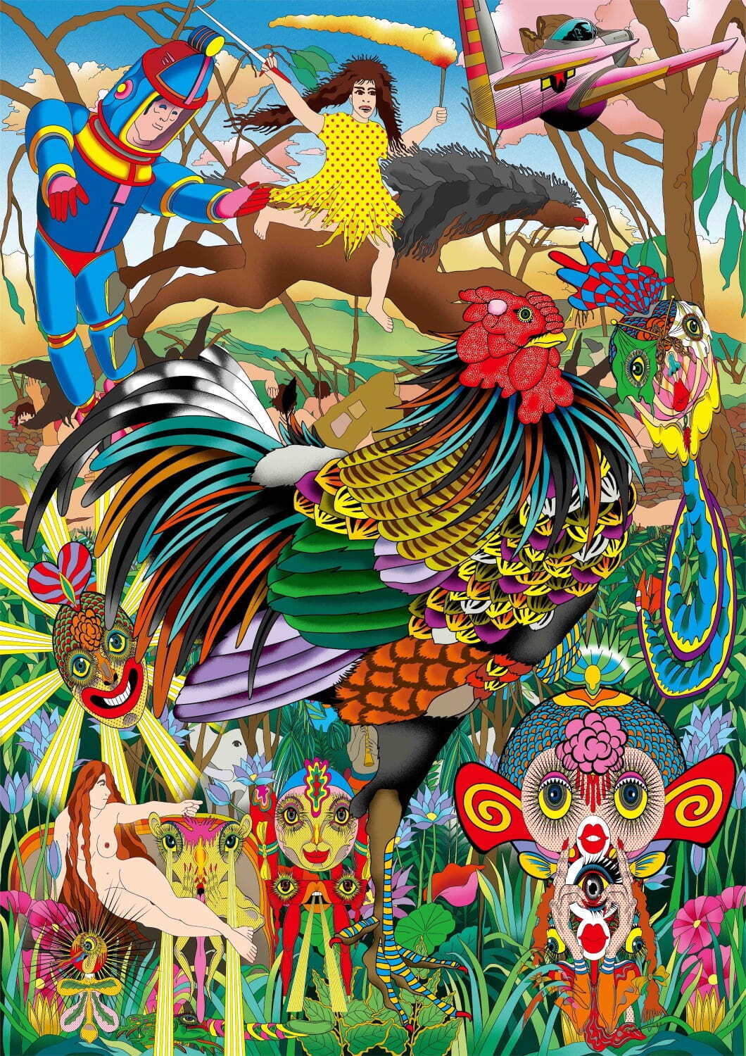 田名網敬一 《森の掟》 2024年 顔料インク、アクリル・シルクスクリーン、ガラスの粉末、ラメ、アクリル絵具／カンヴァス 250×200cm ©Keiichi Tanaami / Courtesy of Nanzuka